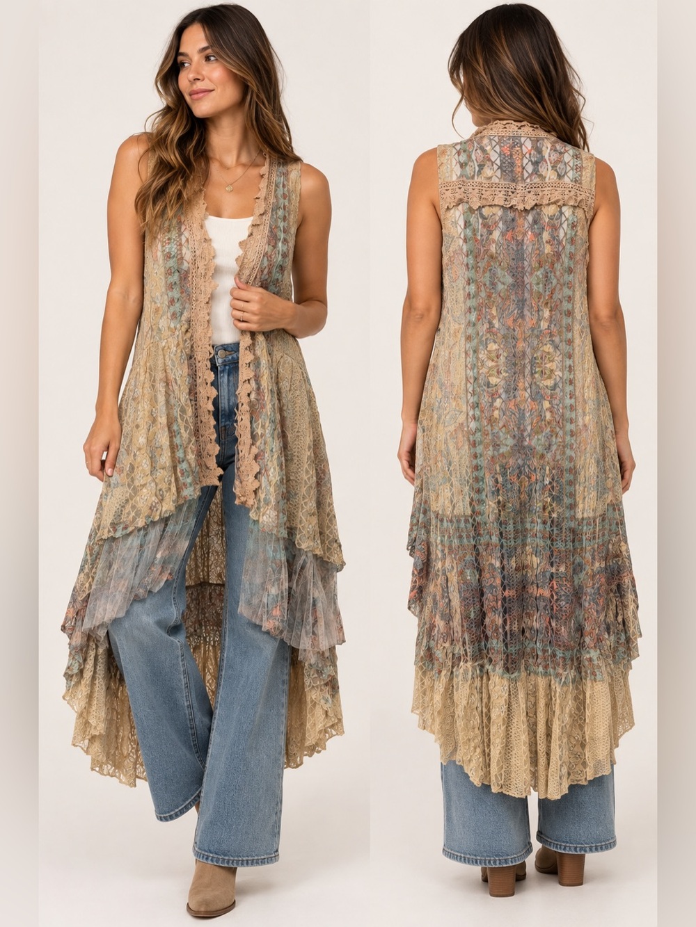 Boho Lace Layered Vest Cardigan in Beige with Soft Blue Accents